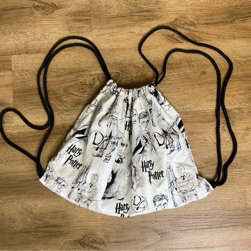 Harry Potter Fabric Cinch Backpack Bag Handmade Black White Dumbledore’s Army DA